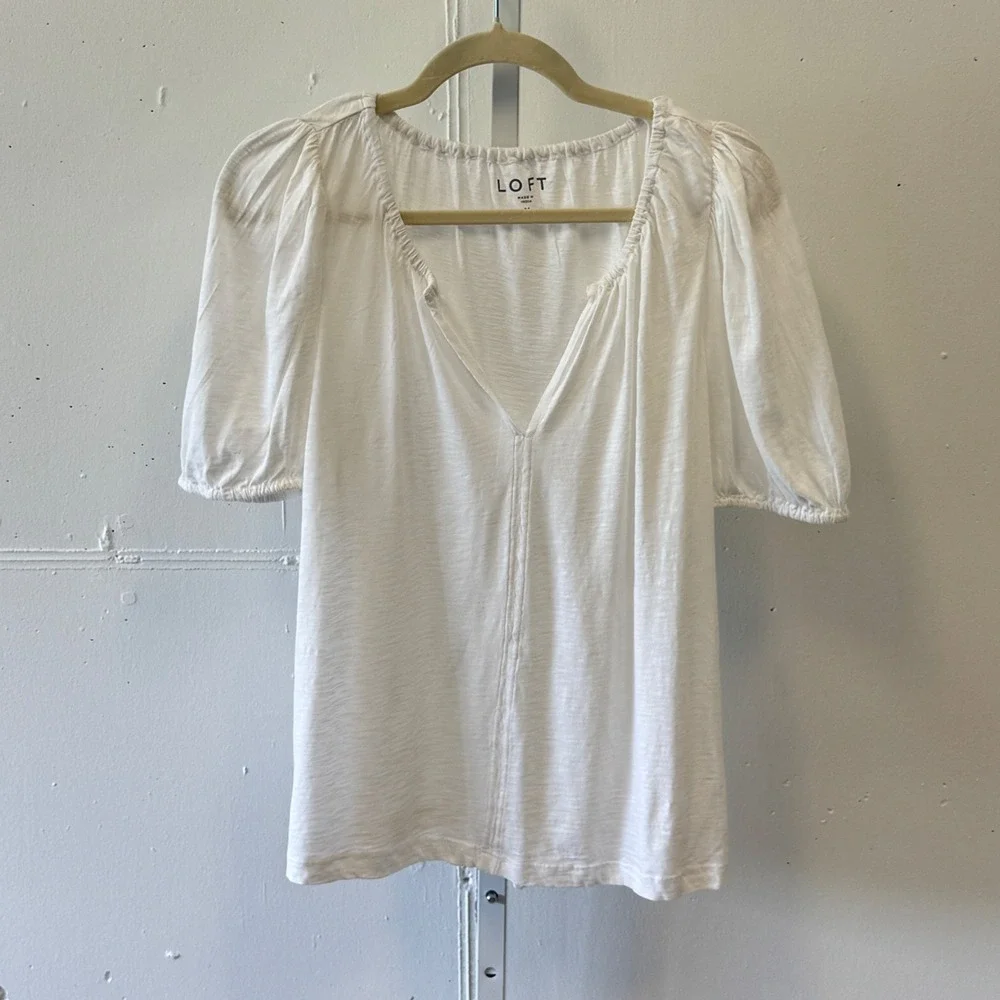 LOFT Cotton Slub Puff Sleeve Split Neck Blouse Top Medium 36801213 White Relaxed